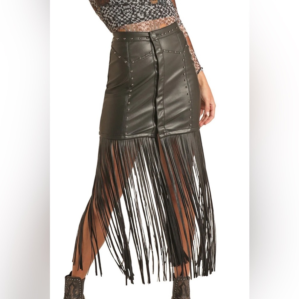 Rock & Roll Denim Black Studded Fringe Skirt